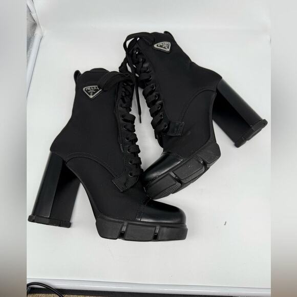 Prada Black Leather/ Re-Nylon Metal Triangle Logo 110mm Ankle Boots EU 38.5 - Picture 3 of 15